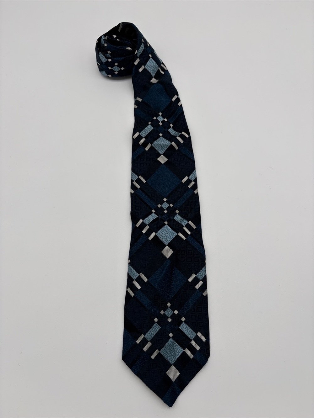 Vintage Christian Dior Navy Blue Plaid Geometric Silk Tie BLEMISH